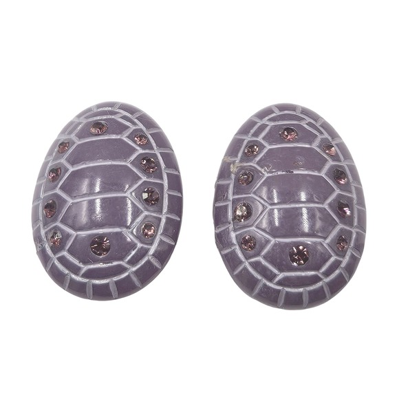 Vintage Unusual Lucite Lavender Turtle Shells Pink Rhinestones Clip Earrings - Picture 2 of 3